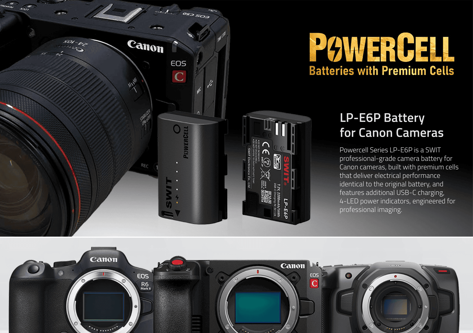 PowerCell LP-E6P | USB-C LE-E6P 16Wh longer running-time battery with indicators, 