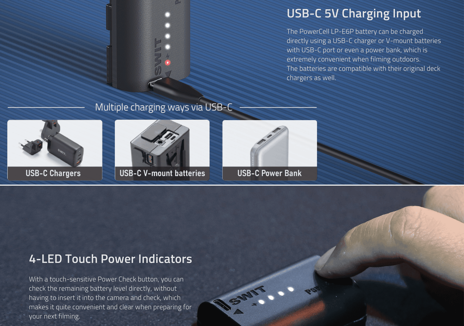 PowerCell LP-E6P | USB-C LE-E6P 16Wh longer running-time battery with indicators, 
